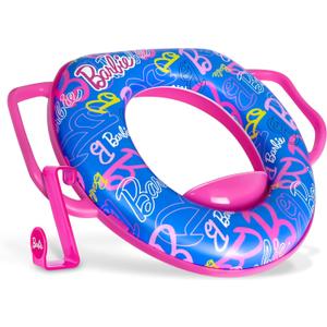 Barbie Soft Potty Training Seat for Toilet with Storage Hook, Cushioned Non-Slip Potty Ring with Splash Guard, Built-in Handles for Toddlers, Pink & Blue Barbie Theme