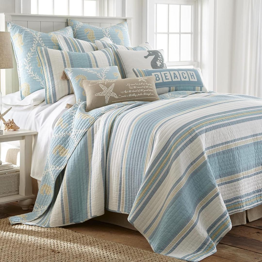 Levtex Home - Kailua Quilt Set - King Quilt + Two King Pillow Shams - Stripe - Blue Teal Taupe Cream - Quilt (106x92in.) and Pillow Shams (36x20in.) - Reversible - Cotton Fabric