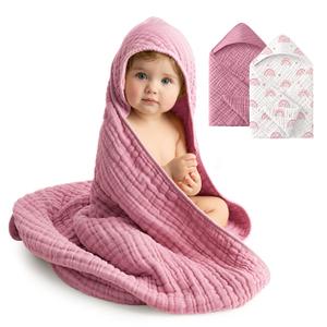 Baby Girl Bath Towels, 100% Muslin Cotton Hooded Baby Towels for Newborn, 2 Pack Baby Towels with Hood for Infant Toddler and Kids, Large 32x32Inch Bath Essentials, Soft and Absorbent