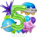 Space Themed Birthday Decorations, Green Number 5 Balloons, Purple Star and Blue Space Ship Balloon for Party Decoration (Green 5)