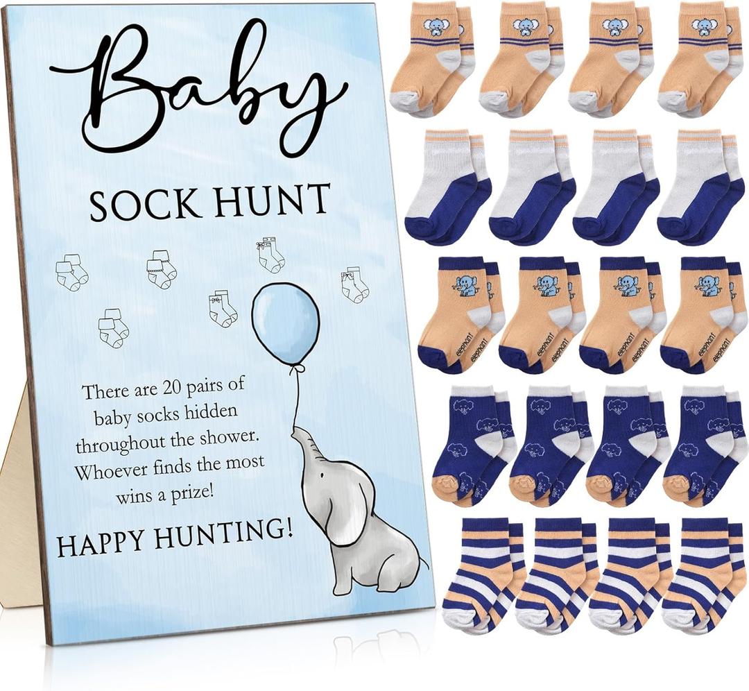 Hoteam 21 Pcs Baby Shower Games Include Baby Sock Hunt Sign and 20 Pair Small Cotton Socks Wooden Table Sign with Holder for Gender Reveal Party Favors(Lovely Style)