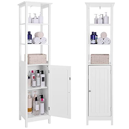 VASAGLE Storage Cabinet, Slim Linen Tower with Drawer and Door, for Living Room, Bathroom, Bedroom, 15.7 x 12.6 x 63 Inches, White UBBC63WT