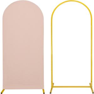 Metal Arch Stand and Cover Set,1 Nude Spandex Fitted Backdrop with 1 Gold Wedding Arched Stand Frame for Parties Birthday Baby Shower Bridal Banquet Decoration (5FT)