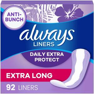 Always Anti-Bunch Xtra Protection, Panty Liners for Women, Light Absorbency, Extra Long Length, Leakguard + Rapiddry, Unsented, 92 Count