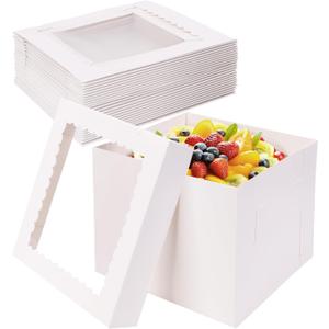Moretoes 12pcs Cake Boxes, 10x10x8 Inches Tall Cake Carriers with Window, Square Bakery Box with Lids for Donuts, Pies, Cookies, Wedding, Birthday (White)