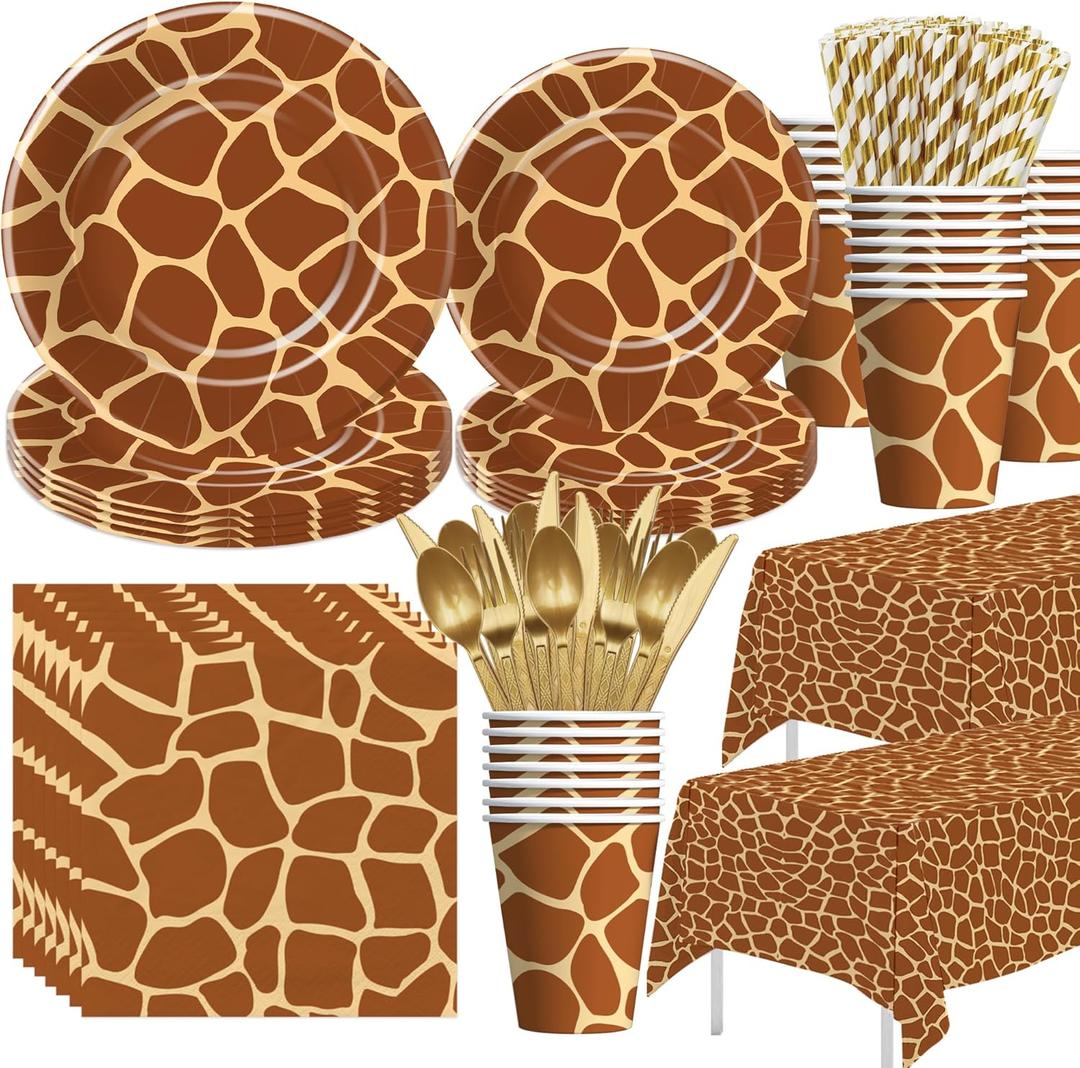 Giraffe Print Birthday Party Supplies - Jungle Giraffe Animal Texture Print Party Decorations Tableware, Plate, Cup, Napkin, Cutlery, Tablecloth | Serves 24