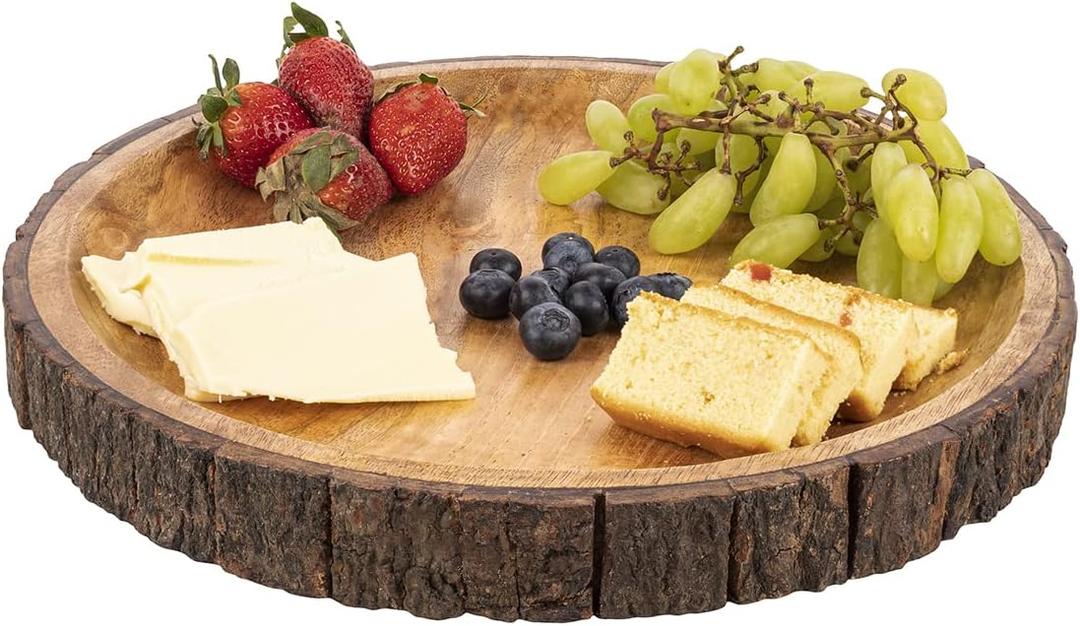GoCraft Round Wooden Serving Platter with Tree Bark on Edges | Mango Wood Pizza Platter, Serve Board | Charcuterie Platter - 13"