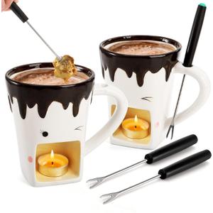 Dicunoy Set of 2 Fondue Mugs with Forks, Ceramic Personal Chocolate Melting Cup for Cheese, Individual Ceramic Butter Warmers Pot, Tealight Candle Mini Simmer Mug for Caramel, Tapas