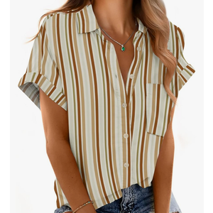Mintreus Short Sleeve Shirts for Women V Neck Loose Collared Button Down Shirt Casual Summer Tops with Pockets Beach Blouse Xs