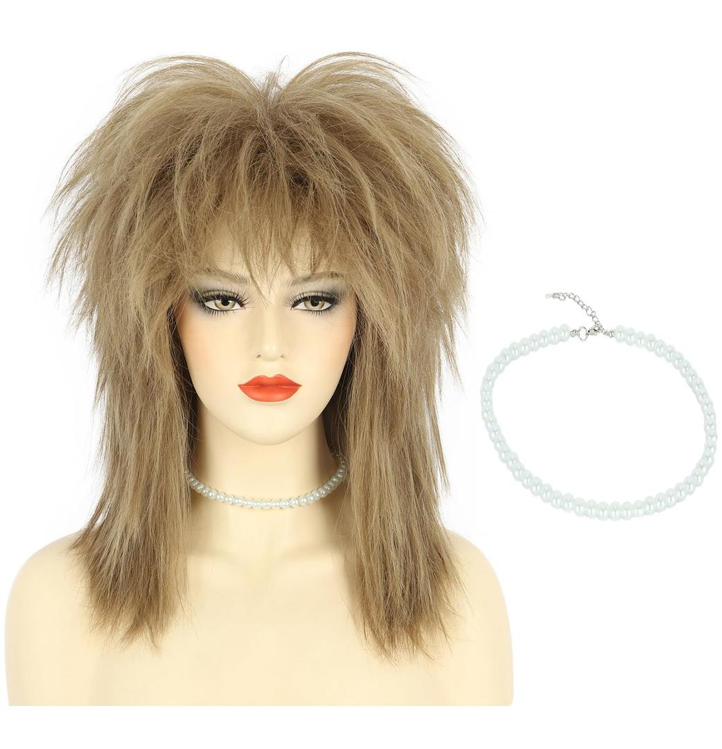 Karlery Women Men Long Curly Light Brown Wig with Necklace 70s 80s Rocker Mullet Costume Wig Halloween Cosplay Party Wig