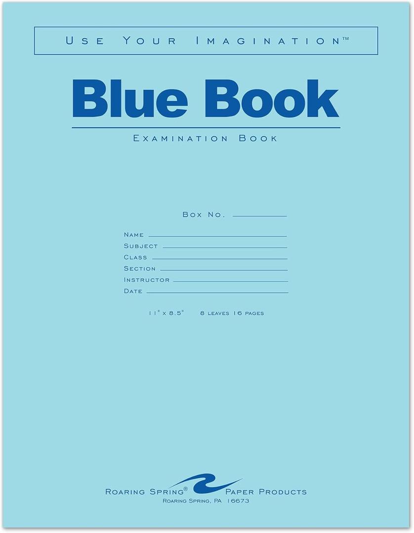Roaring Spring Exam Blue Book, 11" x 8.5", 8 Sheets/16 Pages, Wide Ruled with Margin, Proudly Made in the USA!
