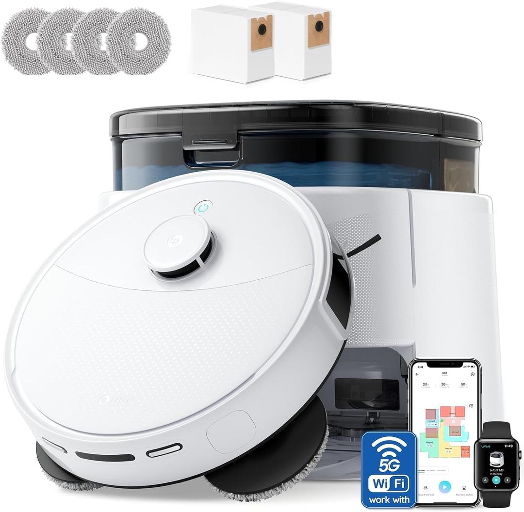 Lefant Robot Vacuum and Mop, 12000Pa Suction,Multifunctional Dock with Hot Water Self-Cleaning&Drying, Obstacle Avoidance,90-Day Self-Emptying, 5G WiFi Alexa/APP/iWatch Control,M3 White