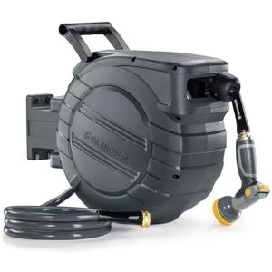 GLAHODEN Retractable Garden Hose Reel 1/2 in x 65 ft, 2025 Upgraded Dual Ratchet Lock UV & Freeze Protection Brass Seal Slow Retraction Anti-Tangle Hose 180°Swivel Reinforced Scaffold Wall Mount