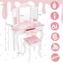 Kids Wooden Play Vanity Set with Vanity Table and 6 pcs Makeup Accessories, Tri-Fold Mirror, Storage Drawer and Matching Stool, Beauty Makeup Vanity Table and Chair Set for Toddlers (Pink), 19 inches x 12 inches x 37 inches
