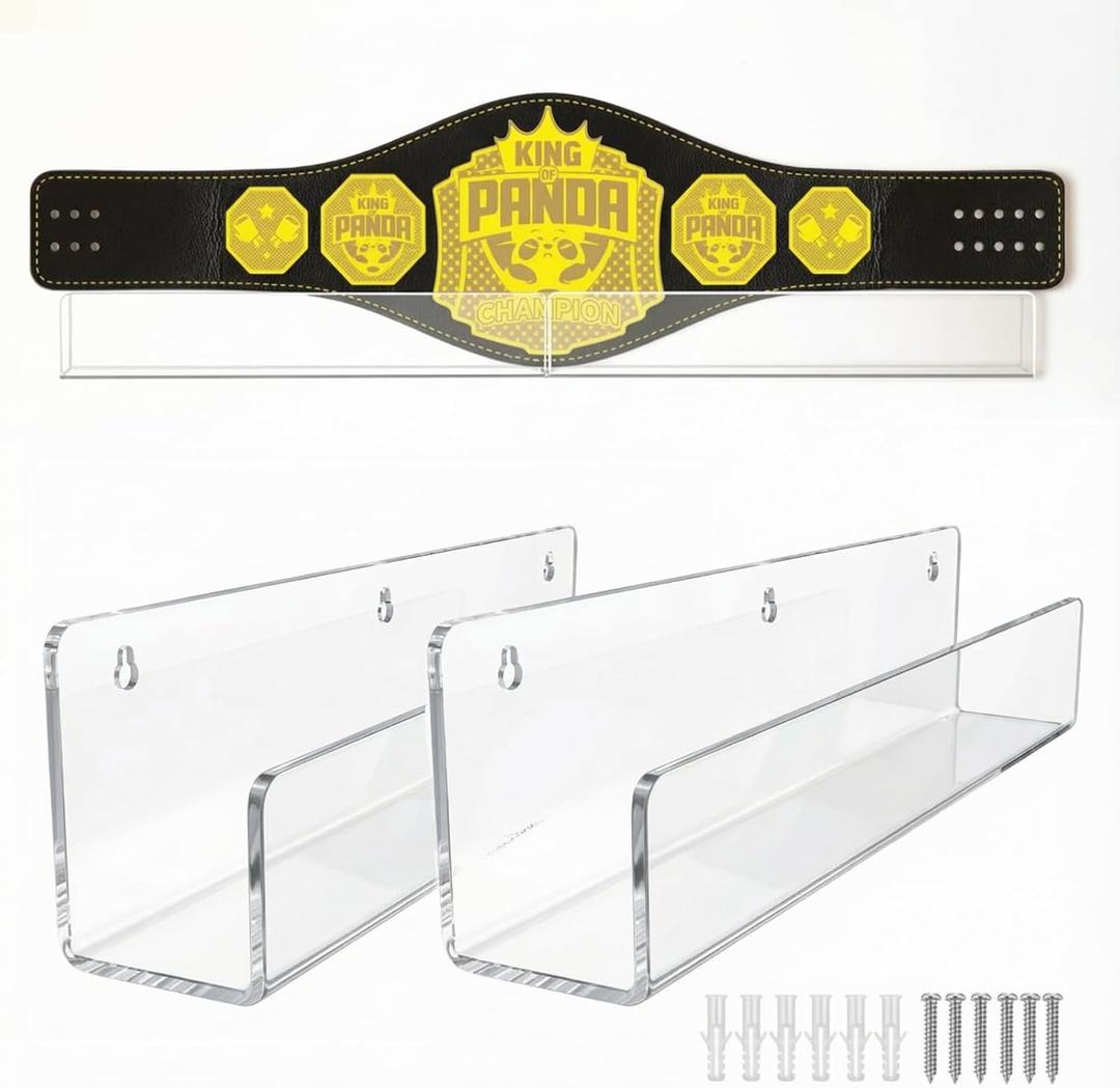 Cinnvoice 2 Pack Full View Championship Belt Wall Mount, Acrylic Wrestling Championship Belt Display Case, Horizontal Belts Display Holder for Karate Football Boxing Martial Arts Sports Award