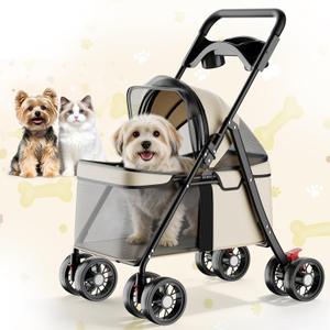 GTPLAYER Foldable Pet Stroller for Small Dogs and Cats, Holds Up to 33 lb, 4-Wheel Stroller with 2 Safety Tethers, Breathable Mesh, Lockable Front Wheels, Cup Holder/Tray & Storage Pocket, Beige