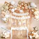 Beige Cream and Neutral Boho Birthday Party Decorations with Happy Birthday Banner, Beige Apricot Champagne Gold Balloons, Sash, Fringe Curtain, Cake Topper, Butterfly for Women Girls Party Supplies