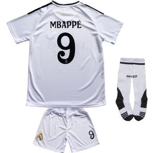Pitch and Trek Madrid 24/25 Home Kids Soccer Jersey Shirts Football Futbol Socks Gift Set Youth Sizes (28 (10-11 Years), White 9)