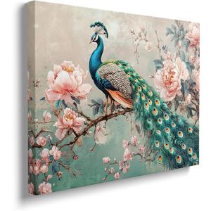 Peacock Canvas Wall Art Animal Painting Flower Floral Picture Framed for Bathroom Bedroom Living Room Modern Home Office Wall Decor 12"x16"