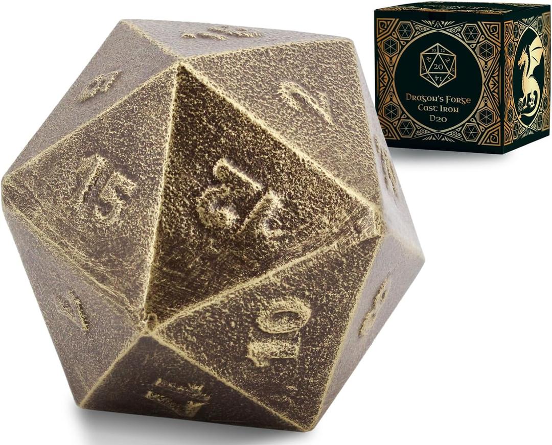 Comfify Cast Iron D20 Dice - Large, Heavy Metal 20-Sided Die for DND, RPG & Decor - Aged Gold Finish, Gift-Ready - Paperweight, Display Piece, Collectors Item - Antique Gold