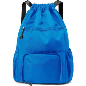 Sports Drawstring Backpack Gym Sack with Shoe Compartment, Durable Oxford Fabric, Wet-Proof Pocket, Water-Resistant Cinch Bag for Men & Women, Foldable & Spacious Athletic Sackpack for Travel Fitness (Blue)