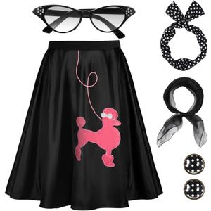 Hicarer 5 Pcs 50s Girl Costume 1950s Poodle Skirt Outfit Sock Hop Kid Scarf Eyeglasses Bandana Headband Earring Halloween (10-12 Years, Black)