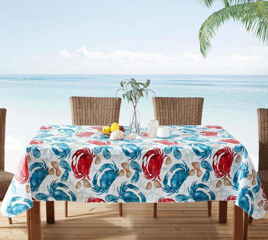 Newbridge Spring Rectangle Vinyl Flannel Backed Tablecloth, 60 x 102 Inch, Stone Crab Print, Blue and Red Indoor Outdoor Waterproof Vinyl Table Cloth, Cape Cod Clambake