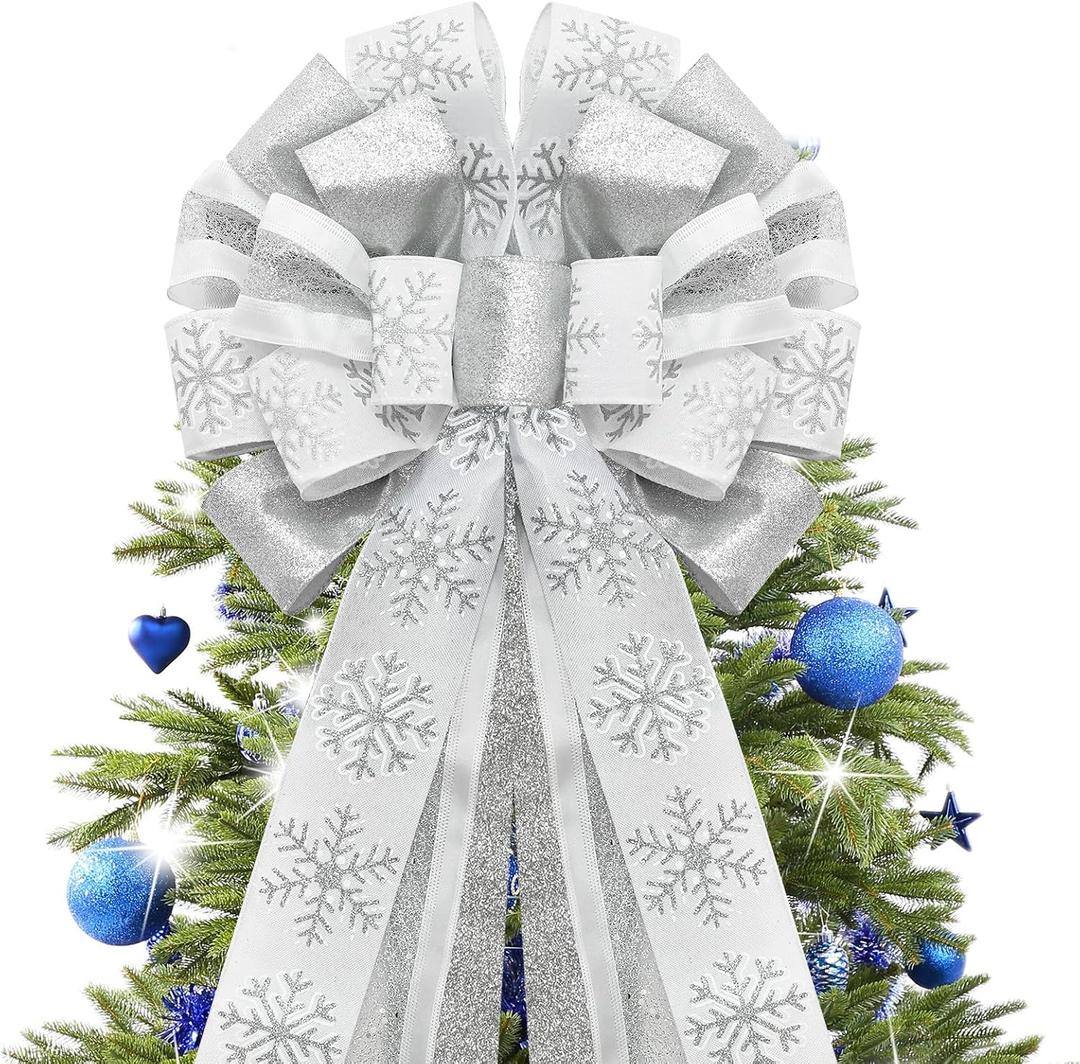 Christmas Tree Topper Bow,48''x 13'' Large Glitter Satin Christmas Wreath Bows Xmas Ornaments with Long Streamer Wired Edge Ribbon for Farmhouse Christmas Decoration (Silver and White)
