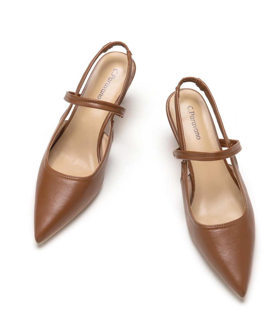 C.Paravano Women's Slingback Flats & Heels - Pointed Toe, Ankle Strap, Comfortable Leather Dress Shoes, 42, 11.5
