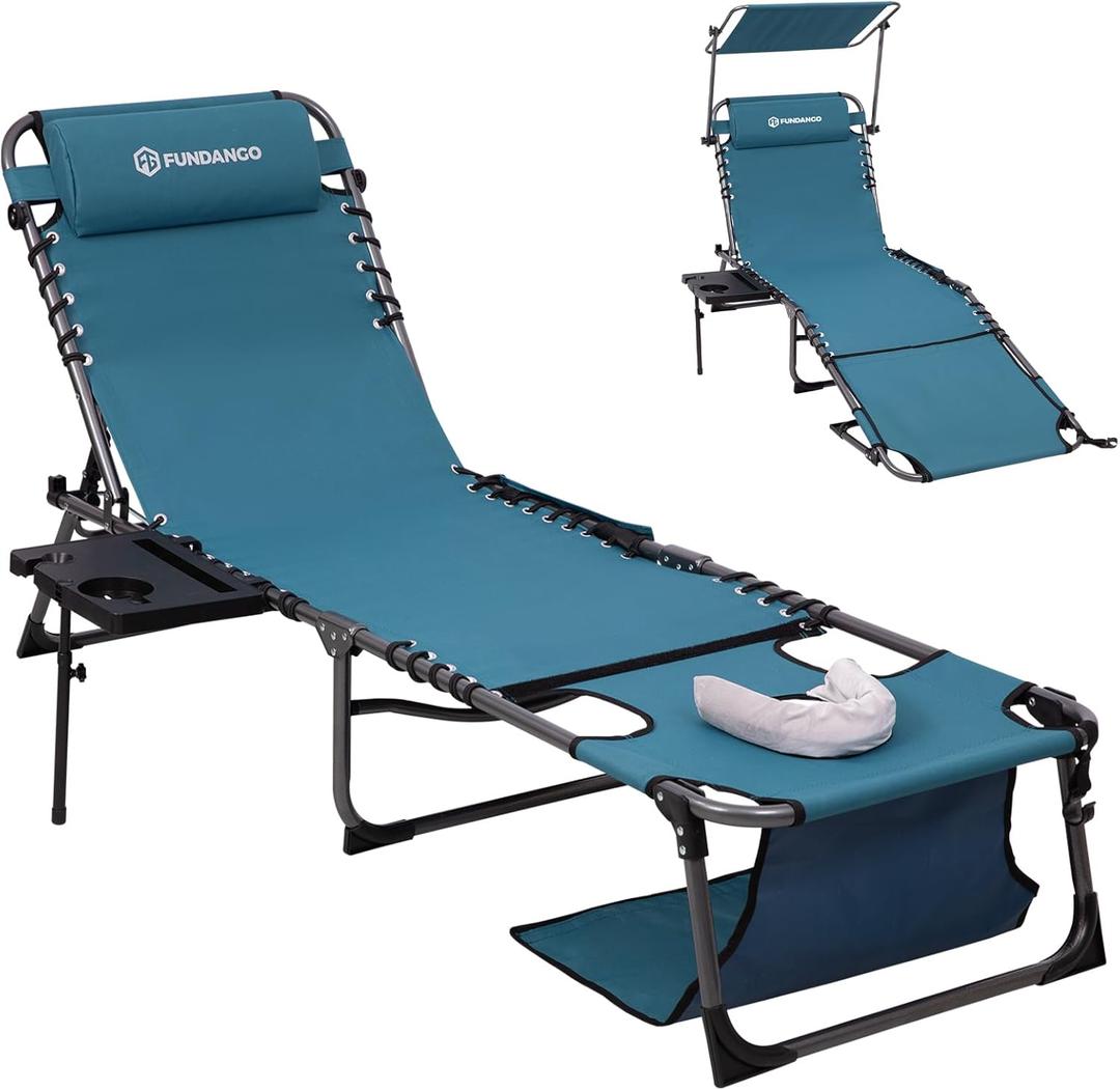 FUNDANGO Heavy Duty Tanning Chair with Face Hole & Canopy, 400lbs Beach Lounge Chair with Side Table, 5-Position Sun Lounger for Outdoor Patio Pool-Face Down Chaise with Anti-Pinch Safety Lock,Cyan