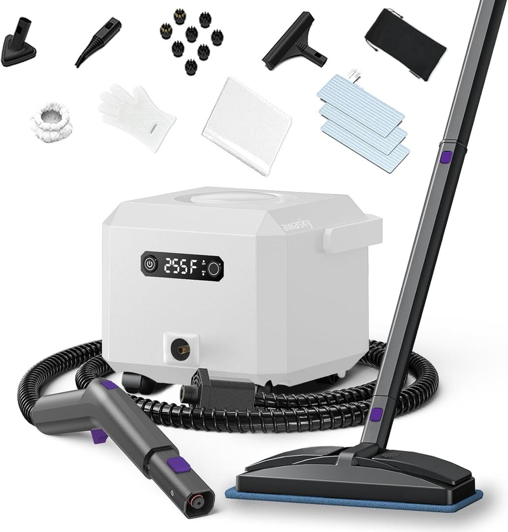 awasky Steam Cleaner: 1650W, Fast 50-Sec Heat-Up-21-Piece Kit Refill Anytime-No Cooling-Detachable Hose Steamer Mop for Home Use Car Bed Furniture Bathroom Tile Grout Floor Cleaning And More White