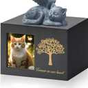 Cat Urns for Ashes, Tree Pattern Wooden Keepsake with Photo Frame, Pet Urn Memory Box with Resin Animal Statue and Sealed Storage Bags (75lbs) Black