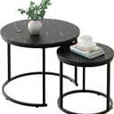 aboxoo Round Nesting Coffee Table Side Set of 2 End Tables for Living Room Bedroom Balcony,Black Faux Marble Wooden Table 23.6IN Accent Large Coffee Table with Steel Frame