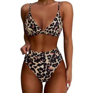 SUUKSESS Women High Waisted High Cut Bikini Set Sexy Triangle Two Piece Swimsuits, L, Leopard