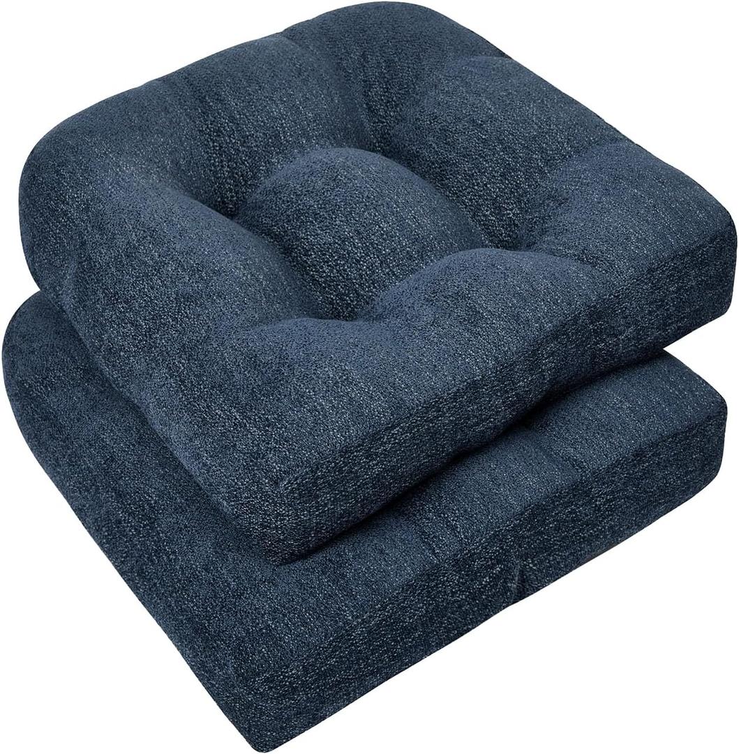 downluxe Chair Cushions for Dining Chairs 2 Pack, Tufted Indoor Chair Pads with Non-Slip Bottom, U-Shaped Kitchen Chair Cushions, 17"x17"x4", Navy