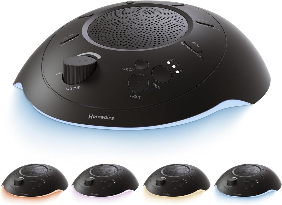 Homedics Sleep Better Portable Sound Machine, Night Light,12 Soothing Sounds Including White Noise, Rain, and Thunderstorm, Ultra-Portable Design, Auto-Off Timer, Ideal for Travel & Baby Sleep, Black