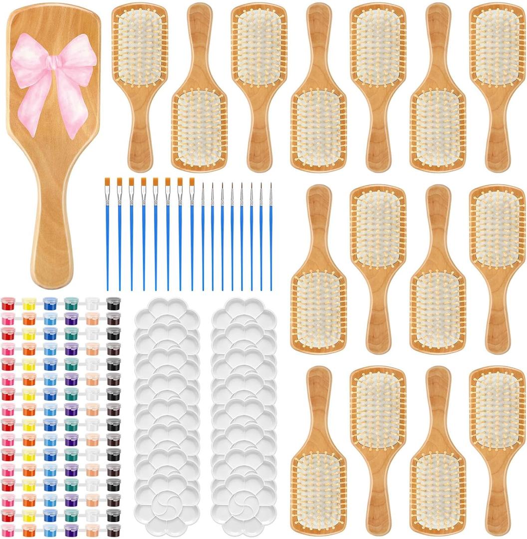Meanplan 16 Set DIY Wooden Hairbrush Painting Kits Make Your Own Hair Brush Hand-Painted Hairbrush Night Party Supplies with Paint Brush and Palette for DIY Gift Party Crafts (Square)
