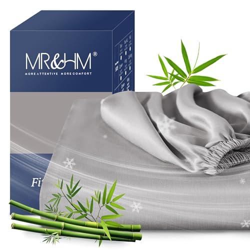 MR&HM King Fitted Sheet Only, Ultra-Soft Rayon Derived from Bamboo & Polyester Blend, Silky & Breathable, 15" Deep Pocket with Elastic Straps, Cooling Fitted Sheet for Hot Sleepers, Silver Grey