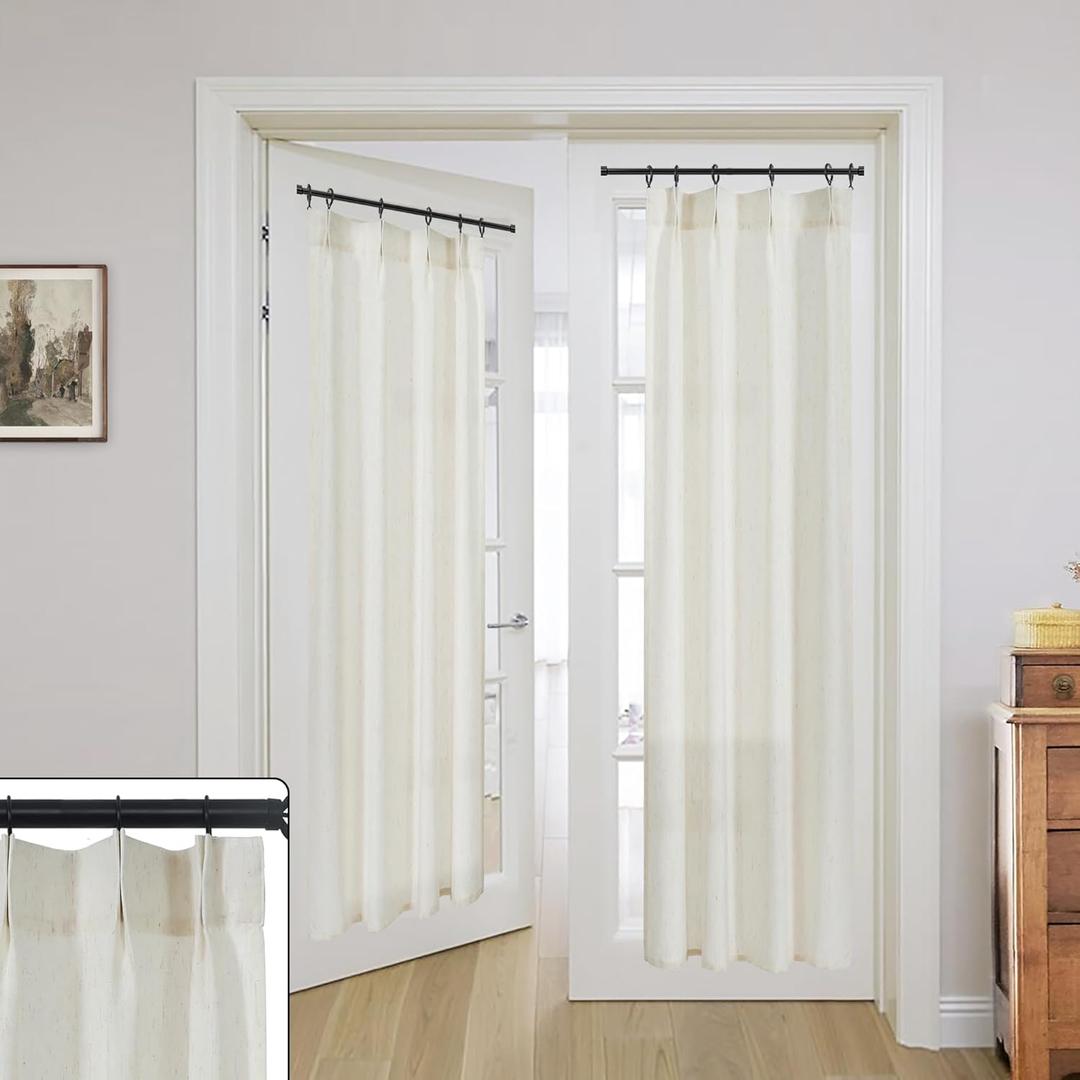 French Door Curtain Panel,Sheer Privacy Patio Door Curtain Linen Boho Farmhouse Sliding Pinch Pleated Curtains for Front Door Glass Window Sidelight,26 x 68 Inch Length (Natural)