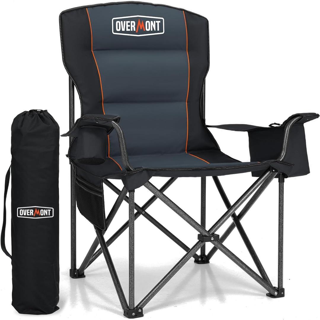 Overmont Oversized Folding Camping Chair - 450lbs Support with Padded Cushion Cooler Pockets - Heavy Duty Collapsible Chairs for Sports Garden Beach Fishing (1pc, Black)