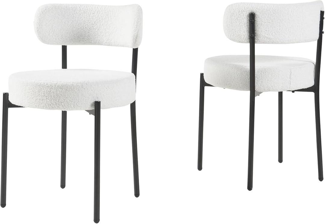 Panana Modern Dining Room Chairs, Mid-Century Round Upholstered Boucle Kitchen Dining Chairs with Black Metal Legs (2, White)