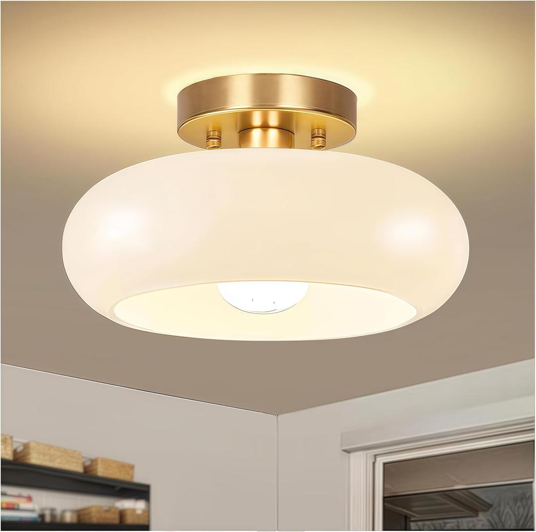 Gold Semi Flush Mount Ceiling Light,11inch Mid Century Modern Light Fixture,Hallway Lighting Fixture with Milk White Glass Shade,Vintage Ceiling Lamp for Kitchen,Porch,Entryway,Closet,Bedroom