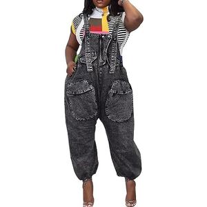 Lachmose Womens Overalls Denim Loose Fit Wide Leg Bib Baggy Jeans Jumpsuit Comfy Medium