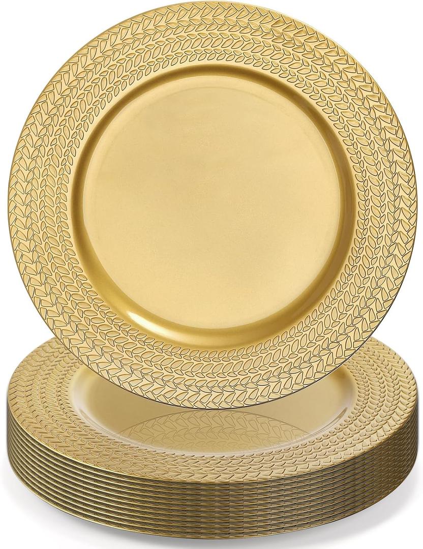 SOUJOY 12 Pack Plastic Gold Charger Plates, 13 Inch Dinner Plate, Leaf Trim Antique Charger Plate for Weddings, Parties, Anniversary, Thanksgiving, Christmas
