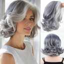 RENERSHOW Mid-length Grey Wavy Bob Wigs for Women Short Gray Curly Wig Synthetic Salt and Pepper Wigs Average Size Realistic Natural Daily Party Wigs for Older Women with Silver White Bangs(10-12inch)
