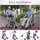 Walkers for Seniors, 2 in 1 Rollator Walker with Seat, 10" Front & 8" Rear Big Wheels, Walker Wheelchair Combo, Foldable Transport Chair, Adjustable Handles Height, 310 Lbs Capacity, Purple
