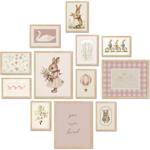 TwoDays Vintage Nursery Decor for Baby Girls, Pink Rabbit Bunny Wall Art for Toddler Kids Playroom, Swan Animals Posters for Bedroom (Multi Sizes, Set of 12, 8  10 Largest, UNFRAMED)