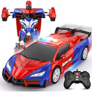 Remote Control Car for Boys 8-12 4-7, 2.4GHz RC Car 1:18 Scale, One-Button Transforming Toy with 360 Spins, LED Lights (Red)