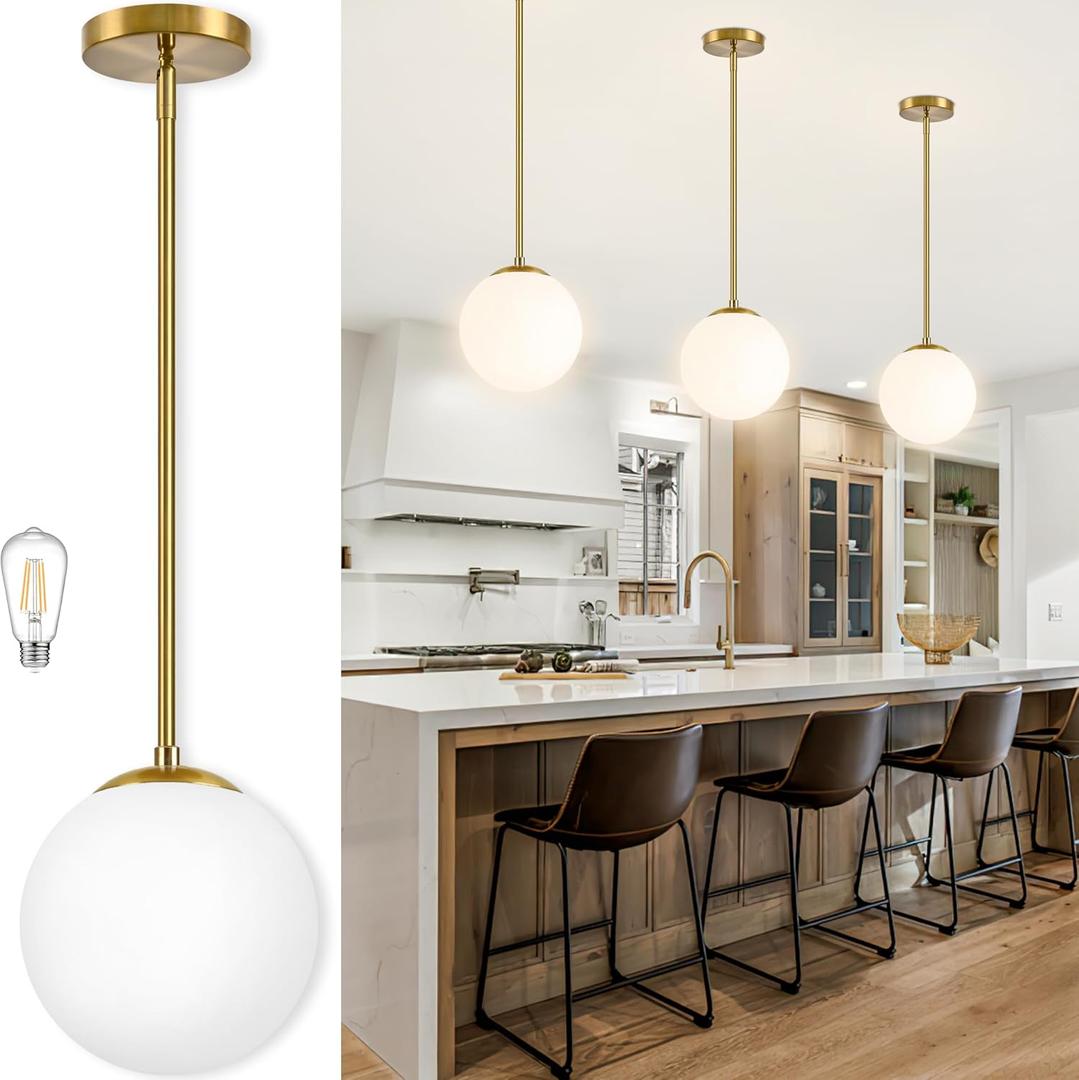 Bagood 10 Inch Globe Pendant Light Gold Mid Century Pendant Light Contemporary Globe Pendant Lights Adjustable Hanging Light Fixture Milk Glass with Brass Finish for Dining Room Kitchen Island