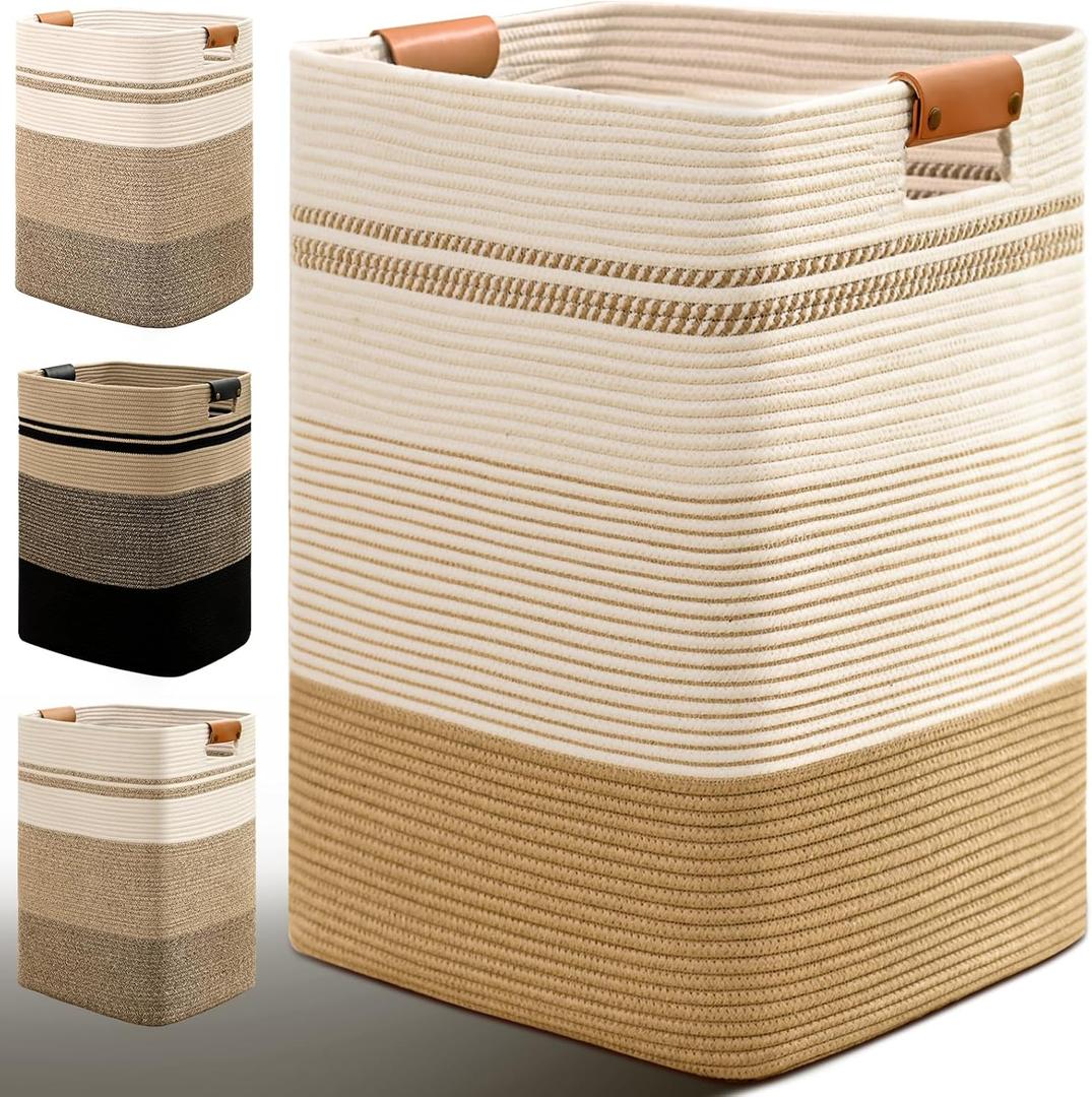 Laundry Hamper, 85L Tall Laundry Basket with Leather Handles, Rectangle Large Clothes Hamper for Organizing, Cotton Woven Laundry Baskets Storage Hampers for Bedroom, Nursery, Living Room (Jute & White)
